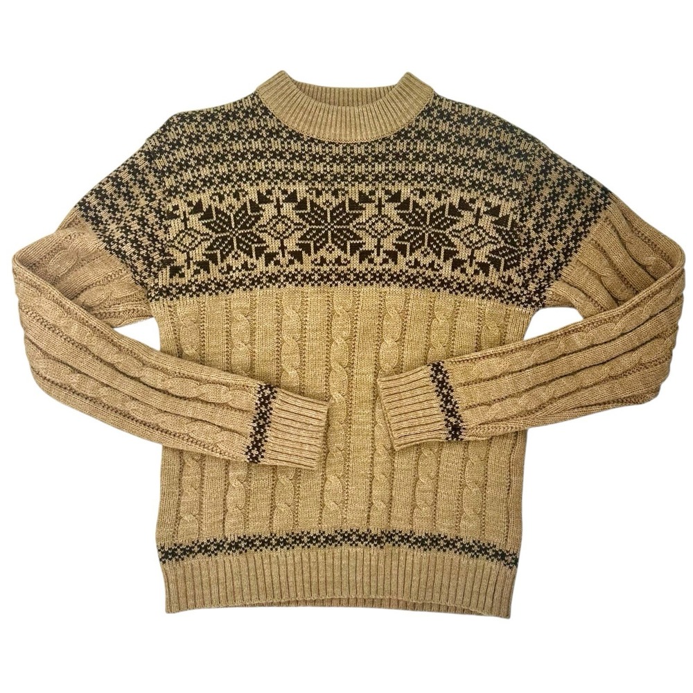 VTG Christopher Rand Fair Isle Cable Knit Sweater Tan Brown Snowflake Unisex S/M